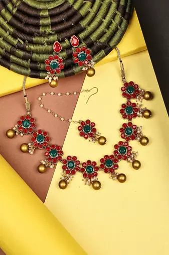 JN Handicraft Traditional Copper Plated Red Stone Kundan Hancrafted Chokar Necklace Set with Mangtikka