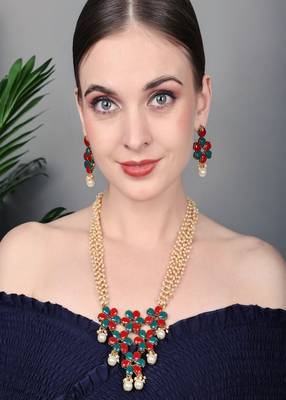 JN Handicraft Multilayer Pearl String Red & Green Stone Kundan Long Necklace Sets 1