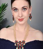 JN Handicraft Multilayer Pearl String Red & Green Stone Kundan Long Necklace Sets