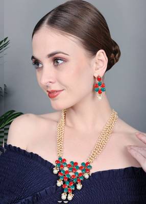 JN Handicraft Multilayer Pearl String Red & Green Stone Kundan Long Necklace Sets 2