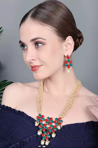 JN Handicraft Multilayer Pearl String Red & Green Stone Kundan Long Necklace Sets