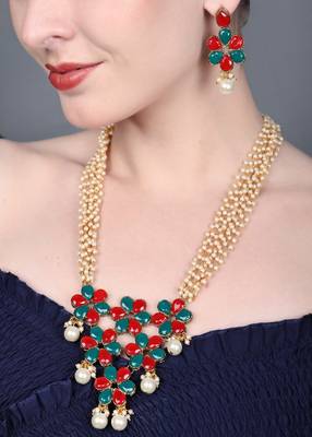 JN Handicraft Multilayer Pearl String Red & Green Stone Kundan Long Necklace Sets 3