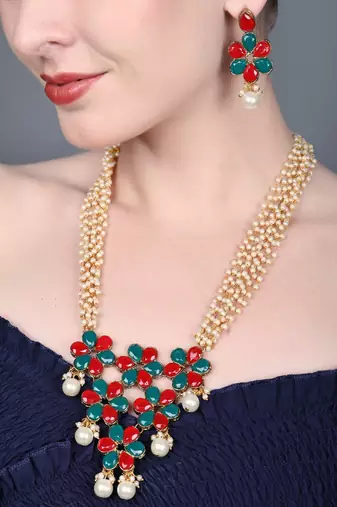 JN Handicraft Multilayer Pearl String Red & Green Stone Kundan Long Necklace Sets