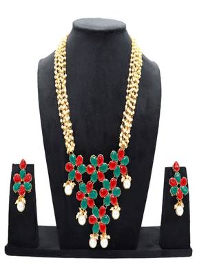 JN Handicraft Multilayer Pearl String Red & Green Stone Kundan Long Necklace Sets 4