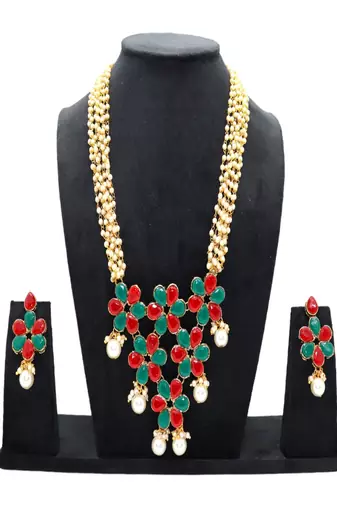 JN Handicraft Multilayer Pearl String Red & Green Stone Kundan Long Necklace Sets