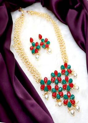 JN Handicraft Multilayer Pearl String Red & Green Stone Kundan Long Necklace Sets 5