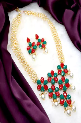 JN Handicraft Multilayer Pearl String Red & Green Stone Kundan Long Necklace Sets