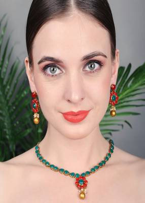 JN Handicraft Traditional Copper Plated Red & Gree Stone Kundan Hancrafted Necklace Set 2