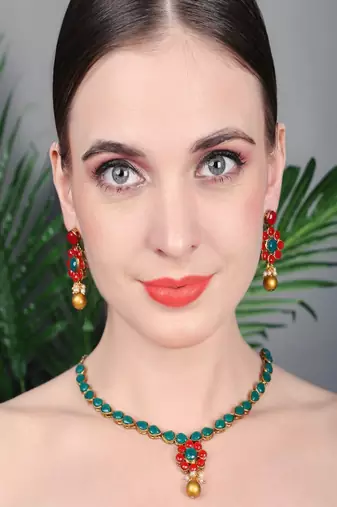 JN Handicraft Traditional Copper Plated Red & Gree Stone Kundan Hancrafted Necklace Set