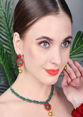 JN Handicraft Traditional Copper Plated Red & Gree Stone Kundan Hancrafted Necklace Set 3