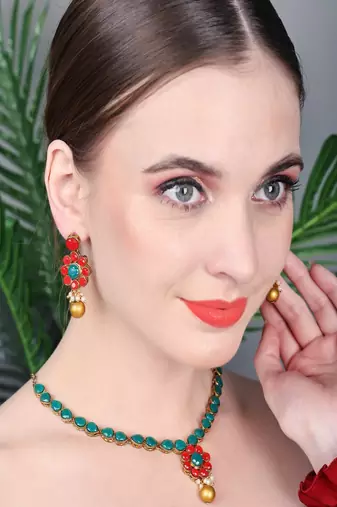 JN Handicraft Traditional Copper Plated Red & Gree Stone Kundan Hancrafted Necklace Set