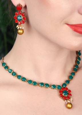 JN Handicraft Traditional Copper Plated Red & Gree Stone Kundan Hancrafted Necklace Set 4
