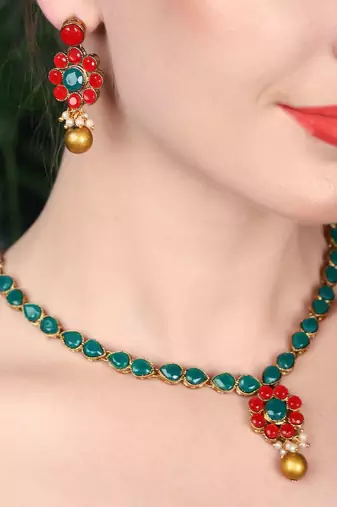 JN Handicraft Traditional Copper Plated Red & Gree Stone Kundan Hancrafted Necklace Set