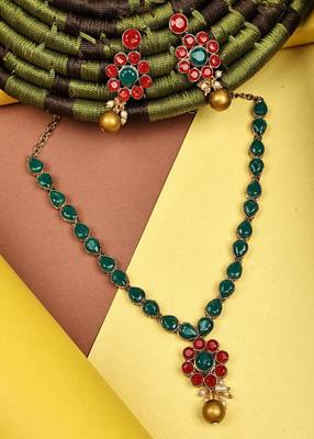 JN Handicraft Traditional Copper Plated Red & Gree Stone Kundan Hancrafted Necklace Set 5