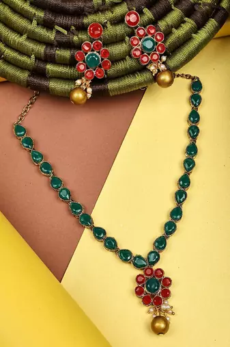 JN Handicraft Traditional Copper Plated Red & Gree Stone Kundan Hancrafted Necklace Set
