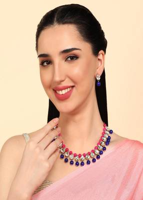 JN Handicraft Ladies Twinkling Stylish Pink & Blue Pearl and Kundan Alloy Jewellery Sets 1