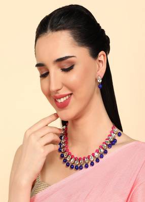 JN Handicraft Ladies Twinkling Stylish Pink & Blue Pearl and Kundan Alloy Jewellery Sets 2