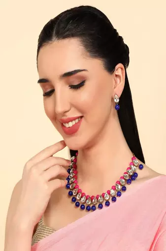 JN Handicraft Ladies Twinkling Stylish Pink & Blue Pearl and Kundan Alloy Jewellery Sets