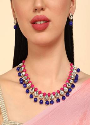 JN Handicraft Ladies Twinkling Stylish Pink & Blue Pearl and Kundan Alloy Jewellery Sets 3