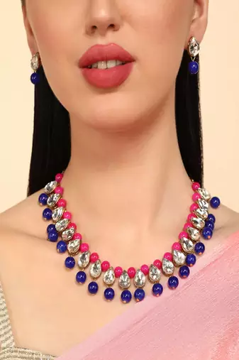 JN Handicraft Ladies Twinkling Stylish Pink & Blue Pearl and Kundan Alloy Jewellery Sets