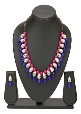 JN Handicraft Ladies Twinkling Stylish Pink & Blue Pearl and Kundan Alloy Jewellery Sets 5