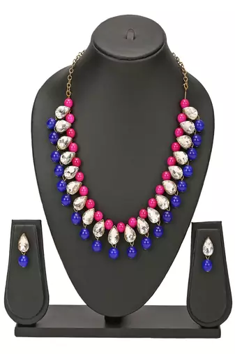 JN Handicraft Ladies Twinkling Stylish Pink & Blue Pearl and Kundan Alloy Jewellery Sets