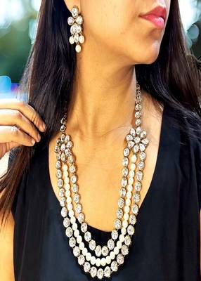 JN Handicraft Three Layer Pearl and Kundan Necklace Set 1