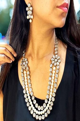 JN Handicraft Three Layer Pearl and Kundan Necklace Set