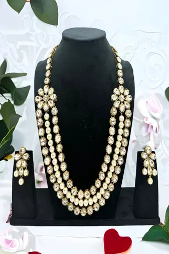 JN Handicraft Three Layer Pearl and Kundan Necklace Set