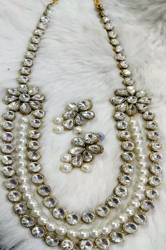 JN Handicraft Three Layer Pearl and Kundan Necklace Set