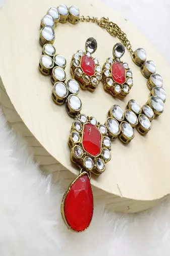 JN Handicraft Ladies Sparkling & Stylish Red Stone and Kundan Alloy Jewellery Sets