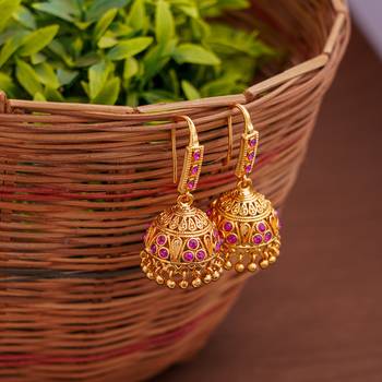 Radhas Creations Gold Brass Pink Stone Jhumka Earrings 1