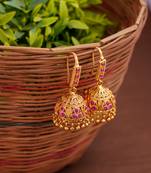 Radhas Creations Gold Brass Pink Stone Jhumka Earrings