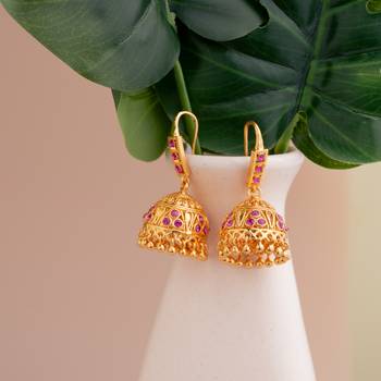 Radhas Creations Gold Brass Pink Stone Jhumka Earrings 2