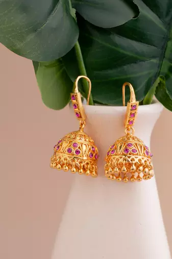 Radhas Creations Gold Brass Pink Stone Jhumka Earrings
