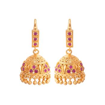 Radhas Creations Gold Brass Pink Stone Jhumka Earrings 3