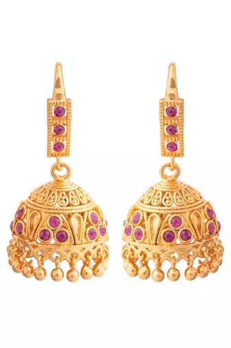 Radhas Creations Gold Brass Pink Stone Jhumka Earrings