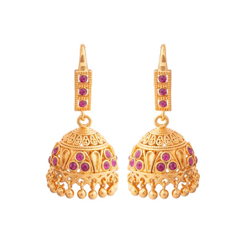 Radhas Creations Gold Brass Pink Stone Jhumka Earrings
