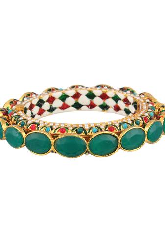 Women set of one 24ct copper gold plated green stone-with pearls ethnic bangle