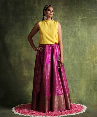 Hot Pink Handloom Pure Katan Silk Banarasi Skirt Set 1
