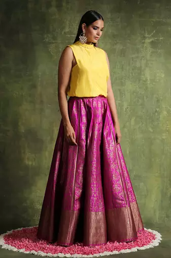 Hot Pink Handloom Pure Katan Silk Banarasi Skirt Set