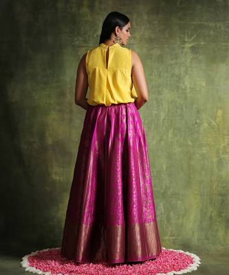 Hot Pink Handloom Pure Katan Silk Banarasi Skirt Set 4