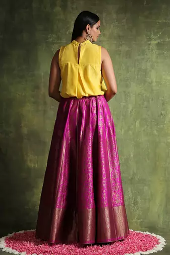 Hot Pink Handloom Pure Katan Silk Banarasi Skirt Set