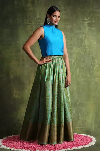 Sea Green Handloom Pure Katan Silk Banarasi Skirt Set