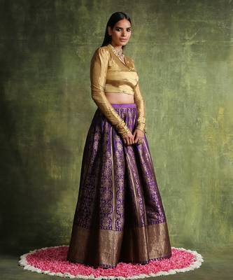 Purple Handloom Pure Katan Silk Banarasi Skirt Set 1