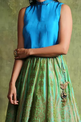 Sea Green Handloom Pure Katan Silk Banarasi Skirt Set
