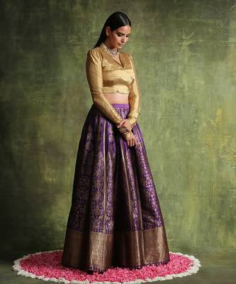 Purple Handloom Pure Katan Silk Banarasi Skirt Set 3