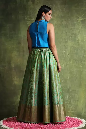 Sea Green Handloom Pure Katan Silk Banarasi Skirt Set