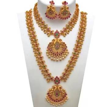 Gold Plated Traditional South Indian Stylish Multicolour Stone Work Long Necklace With Earrings For Women 1