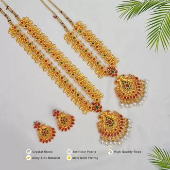 Gold Plated Traditional South Indian Stylish Multicolour Stone Work Long Necklace With Earrings For Women 2